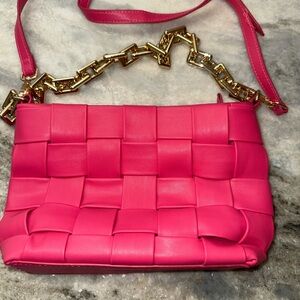 Pink Woven Leather Shoulder Bag